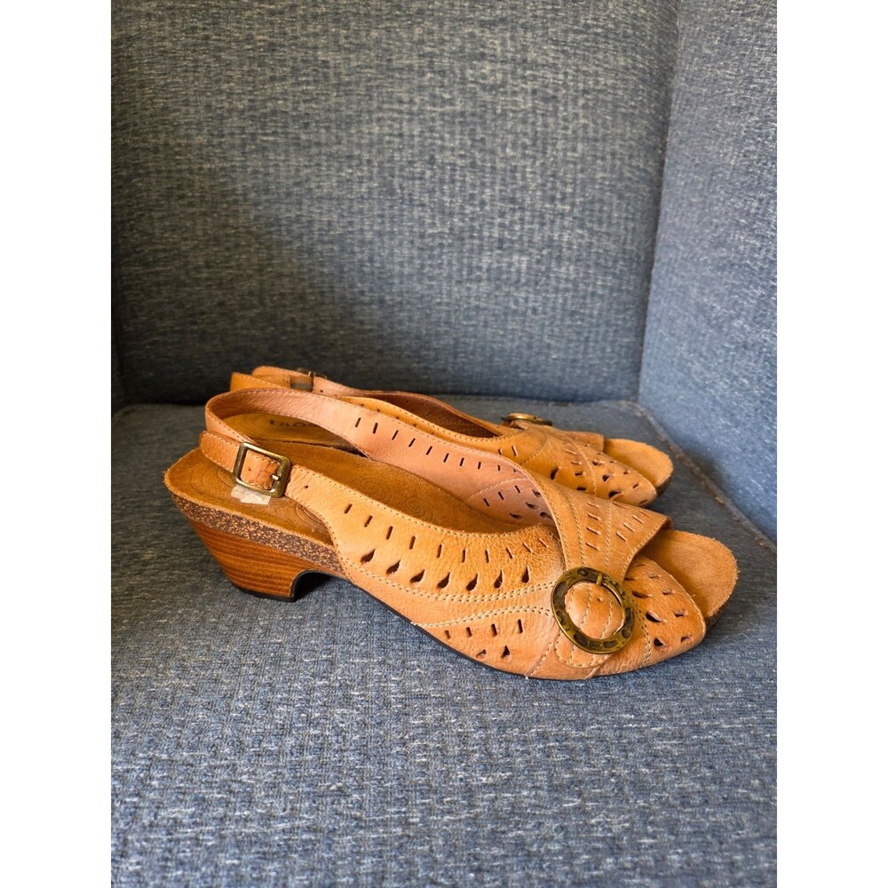 Taos Tan Laser Cutouts Slingback Heeled Sandals Size 7